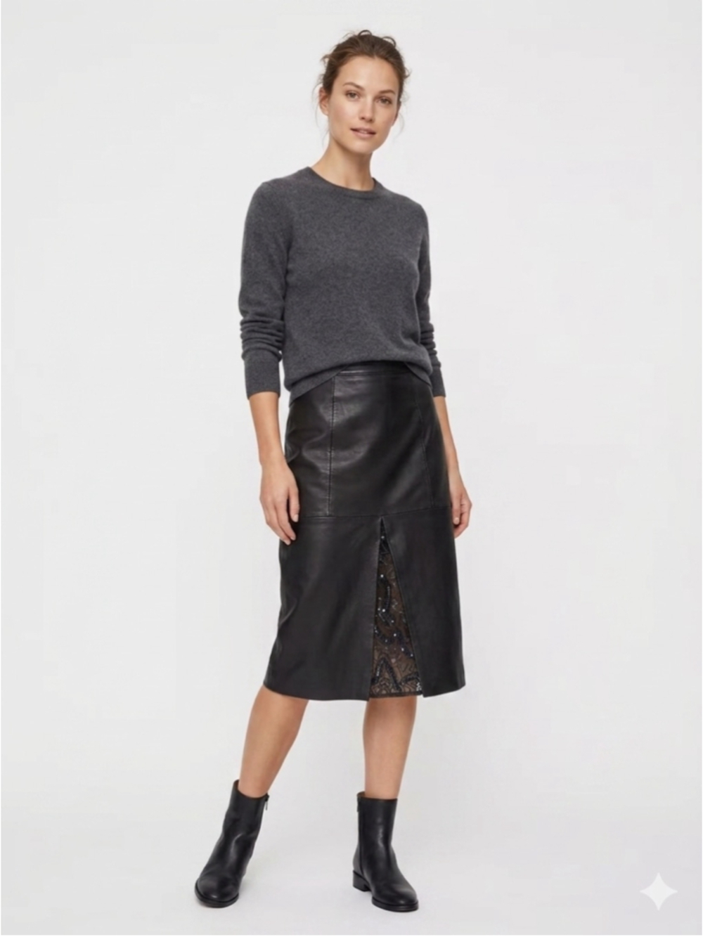 Women's Chic Black Leather Midi Skirt with Embellished Sequin Slit Detail -Small